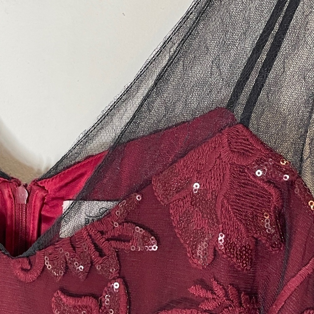 Belle by Badgley Mischka Wine Lace Overlay Dress - Picture 7 of 8